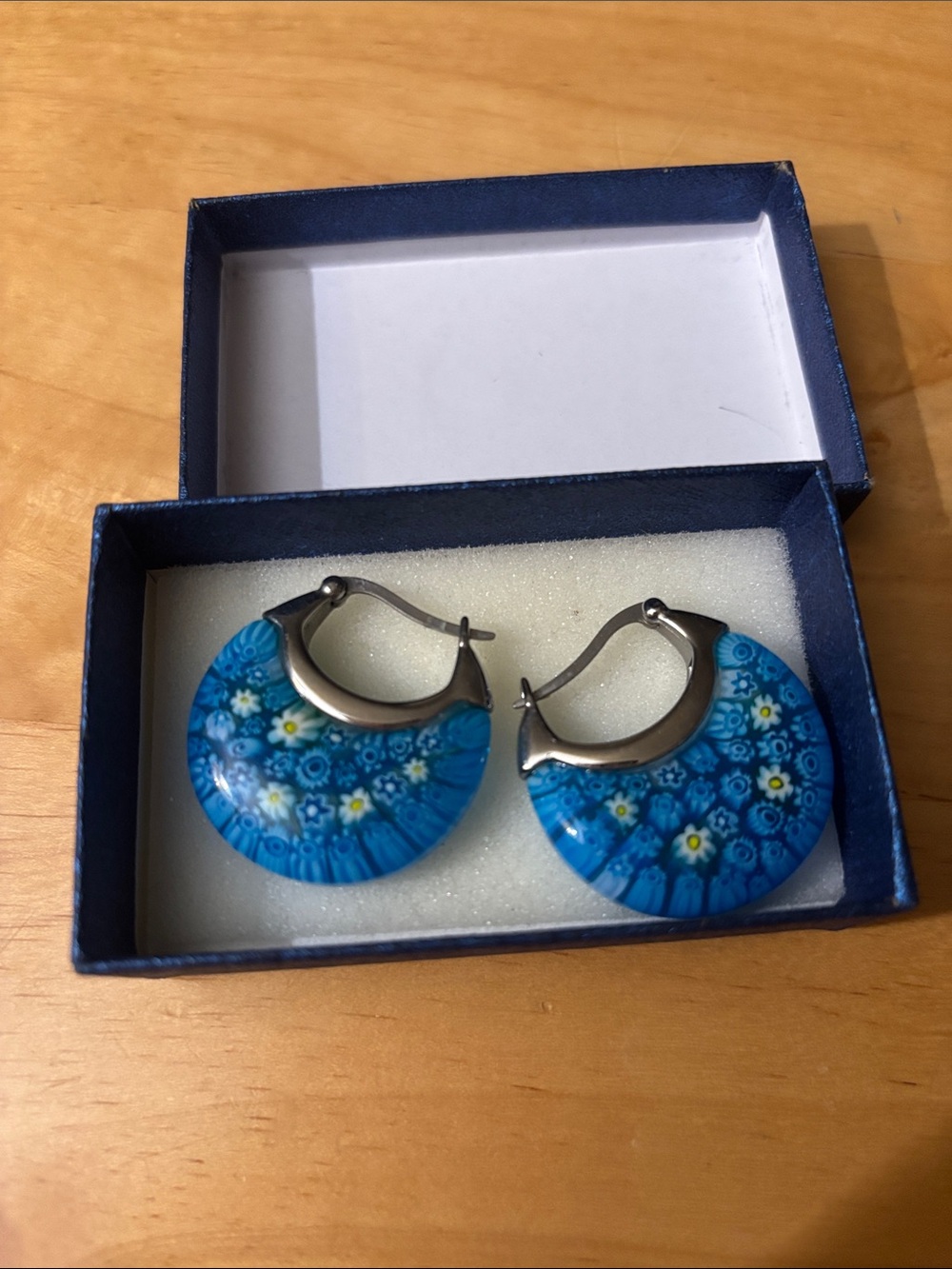 Blue Millefiori Hoop Earrings
